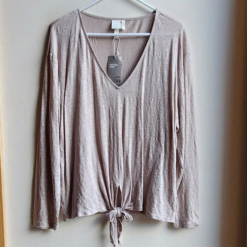 NWT H&M Natural 100% Linen V-Neck Tie-Front Jersey Size XL